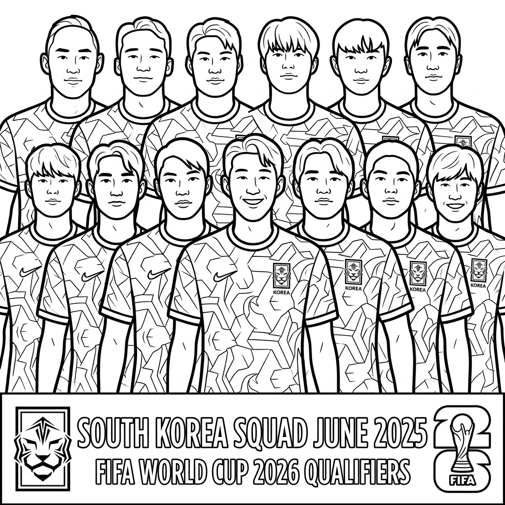 Selección de Corea del Sur Mundial 2026 8 páginas para colorear para niños Selección de Corea del Sur Mundial 2026