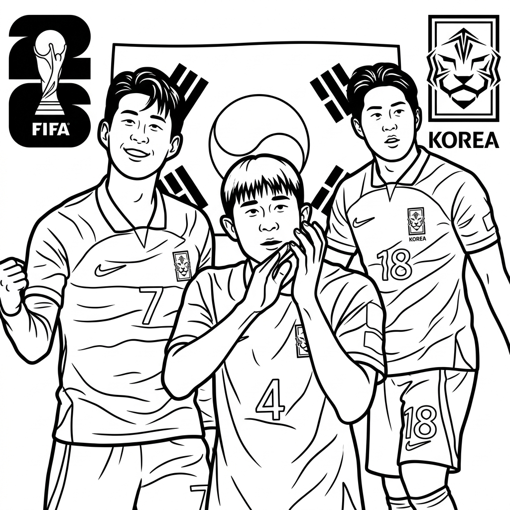 Selección de Corea del Sur Mundial 2026 9 páginas para colorear gratis Selección de Corea del Sur Mundial 2026 para niños 1