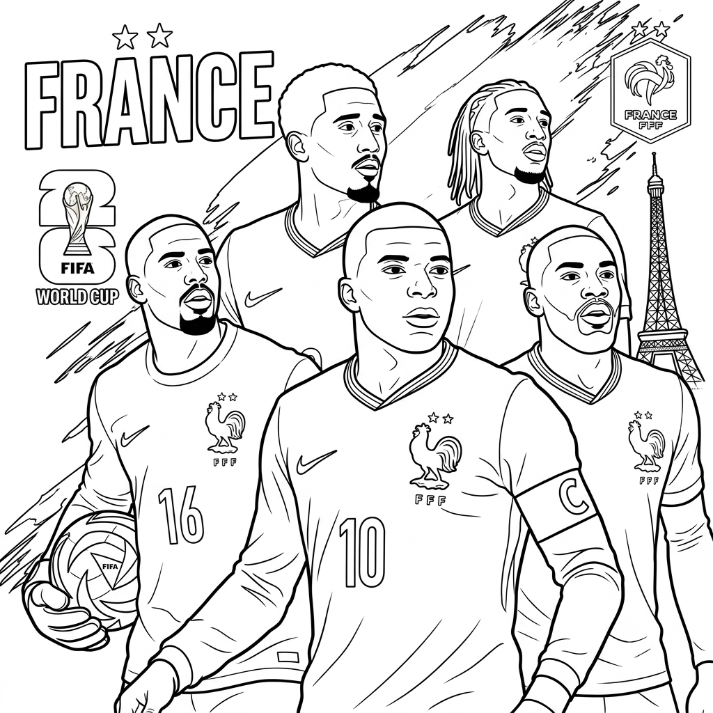 Selección de Francia Mundial 2026 10 páginas para colorear imprimibles Selección de Francia Mundial 2026 para adultos