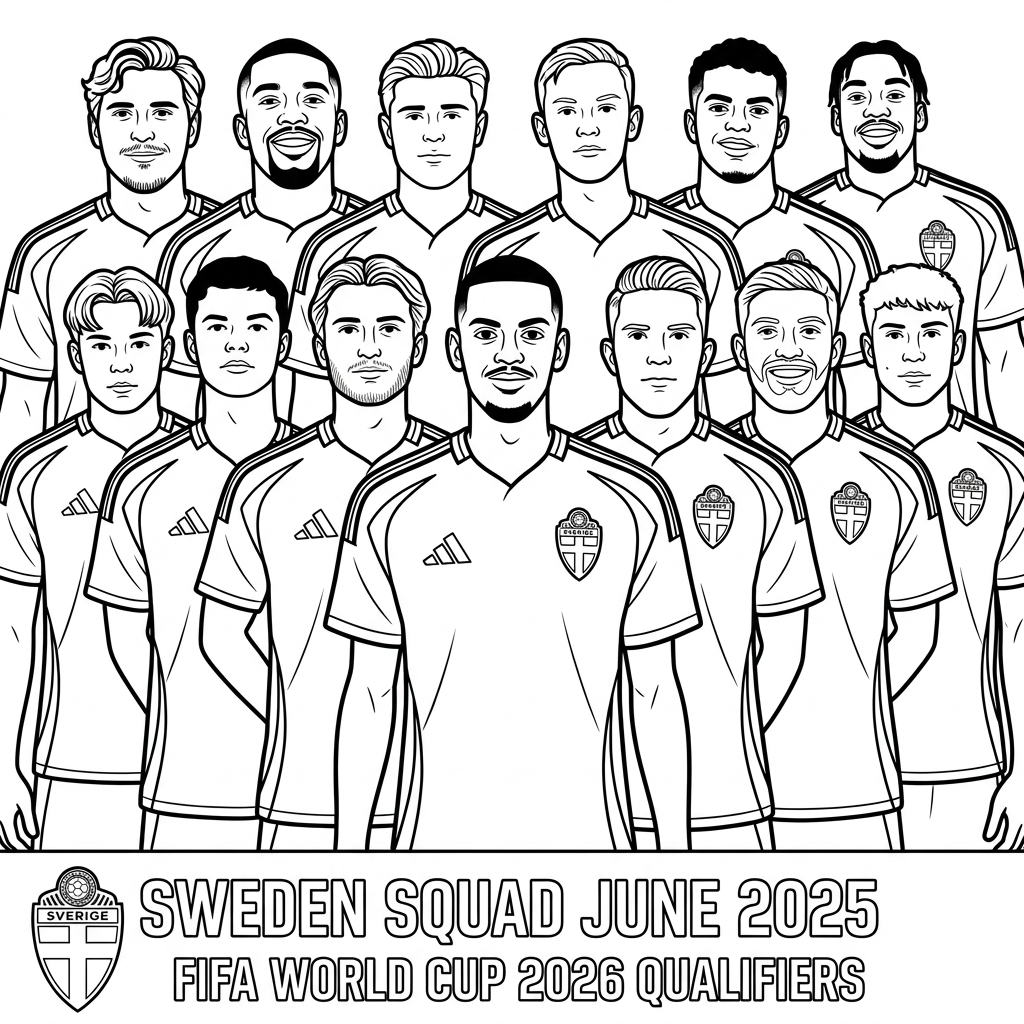Schwedens Nationalmannschaft für die Weltmeisterschaft 2026 6 Ausmalbilder der schwedischen Nationalmannschaft 2026 zur Weltmeisterschaft für Erwachsene im PDF-Format