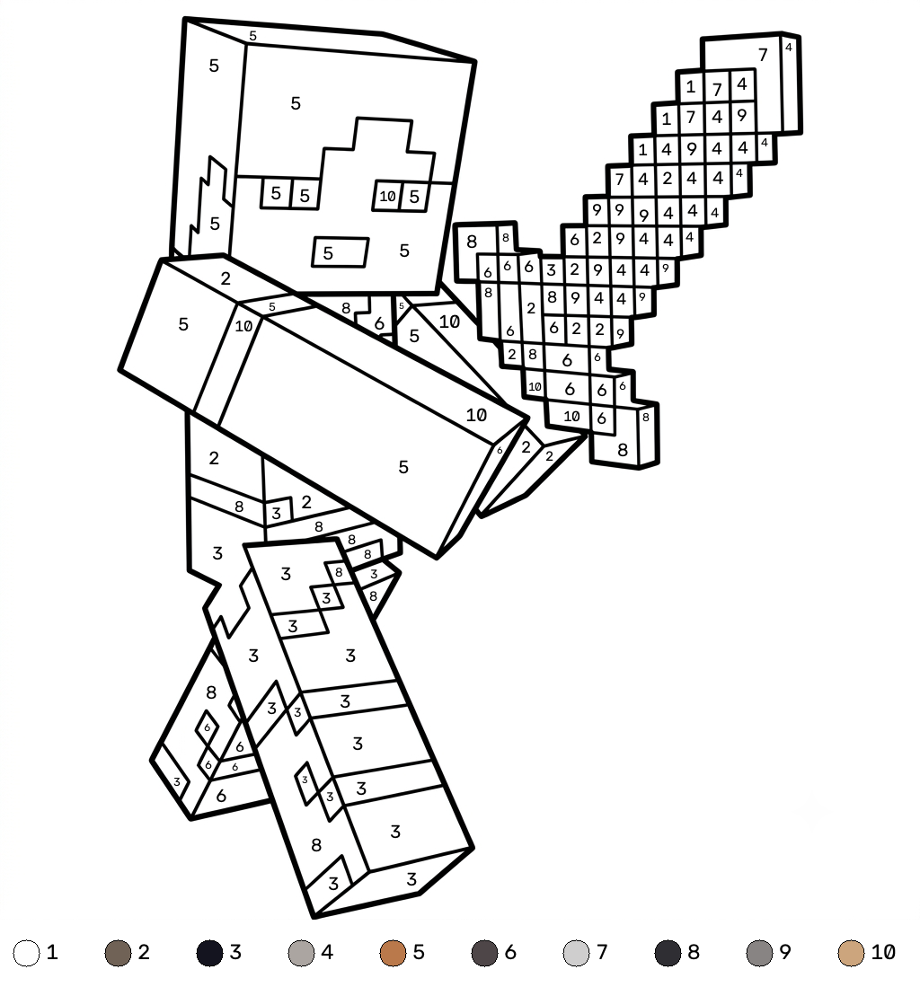 páginas para colorear fáciles de Alex Minecraft coloring by numbers