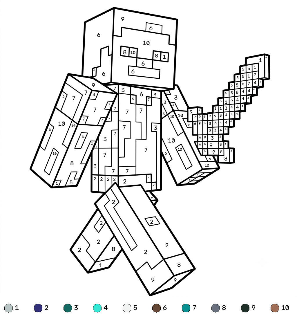 Steve Minecraft 15 páginas para colorear Steve Minecraft coloring by numbers imprimibles gratis