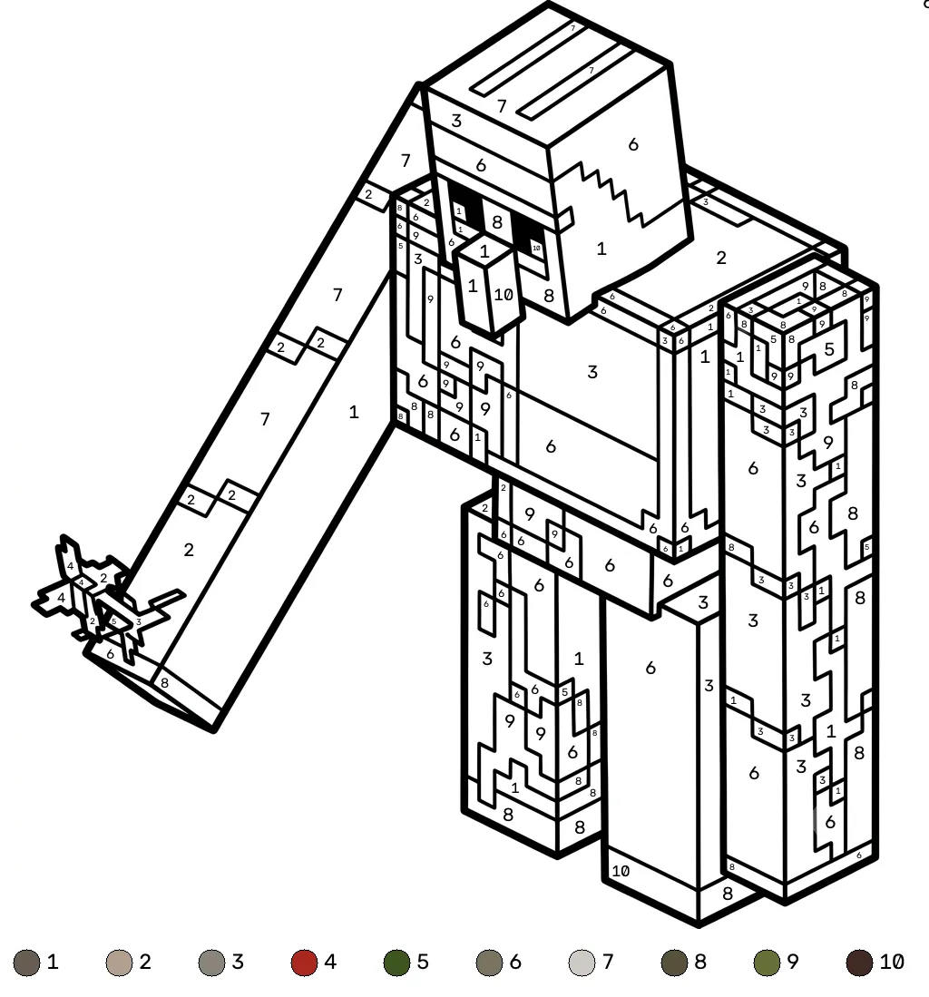 Iron Golem Minecraft coloring by numbers páginas para colorear para adultos pdf