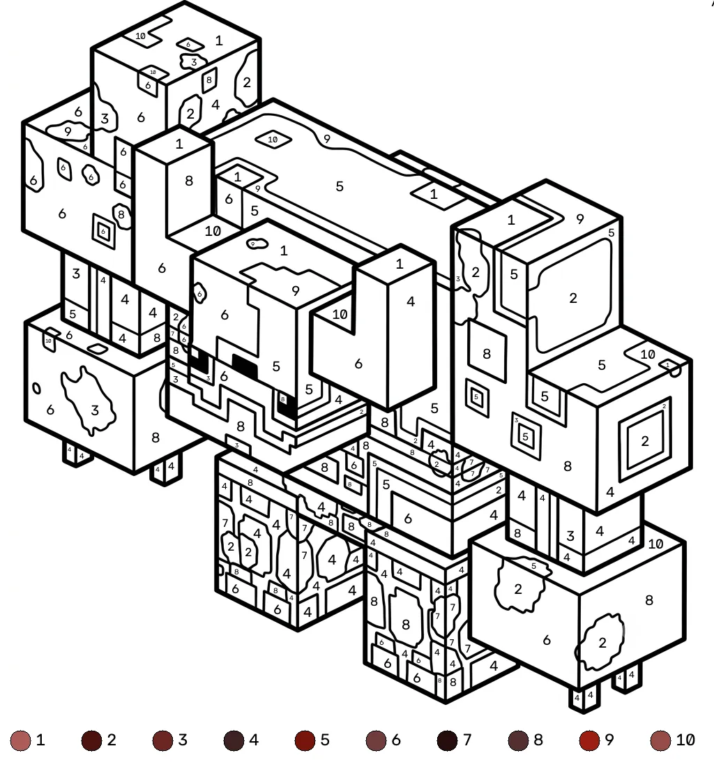 Mooshroom Monstrosity Minecraft coloring by numbers páginas para colorear para adultos fáciles
