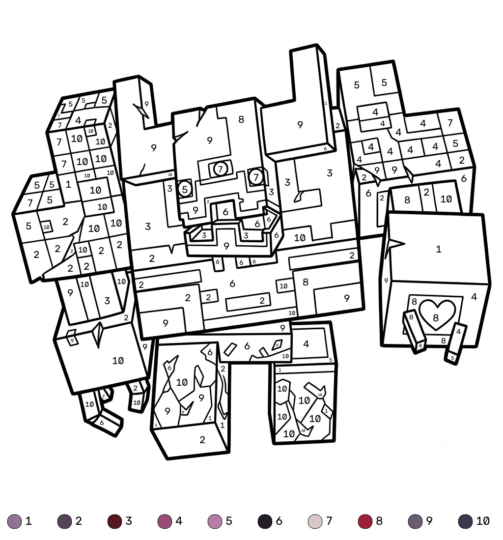 Mooshroom Monstrosity Minecraft coloring by numbers páginas para colorear fáciles