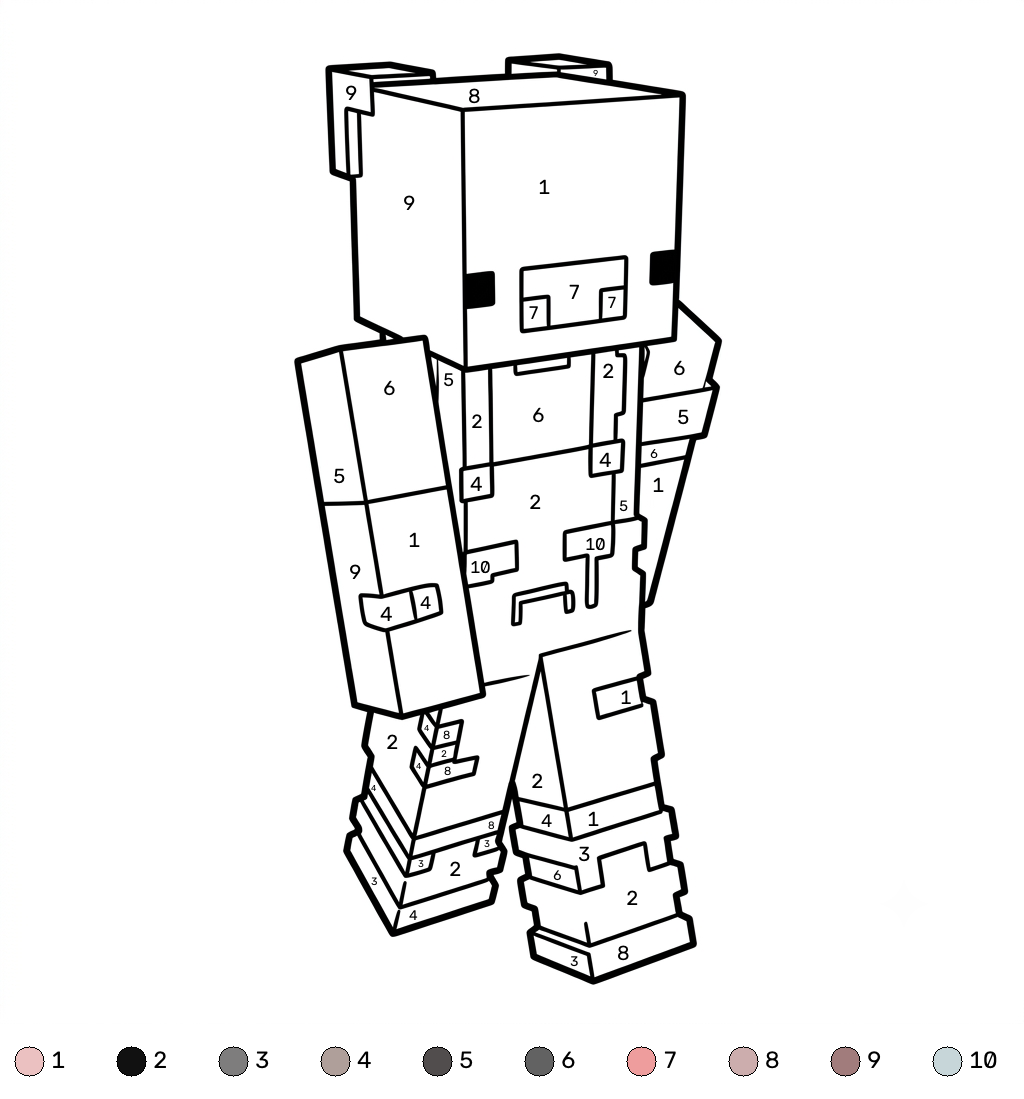 Pig Onesie Minecraft coloring by number páginas para colorear para adultos
