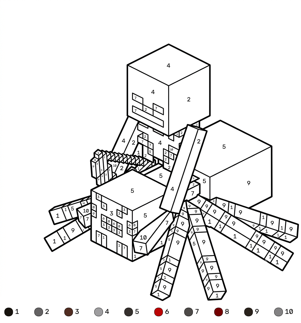 Spider Jockey Minecraft coloring by numbers páginas para colorear para adultos pdf