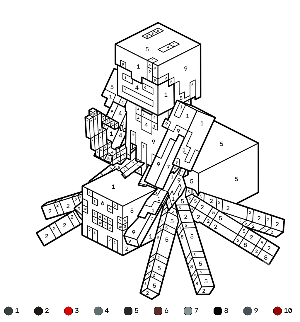 Spider Jockey Minecraft coloring by numbers páginas para colorear de adornos