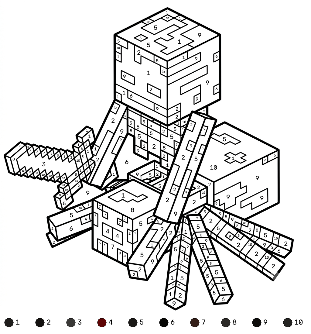 Spider Jockey Minecraft coloring by numbers páginas para colorear para adultos fáciles