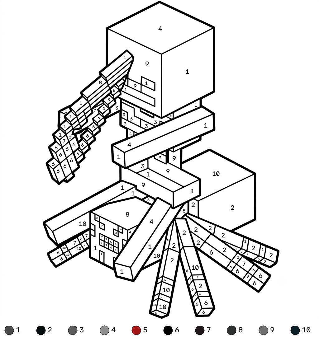 lindas páginas para colorear Spider Jockey Minecraft coloring by numbers