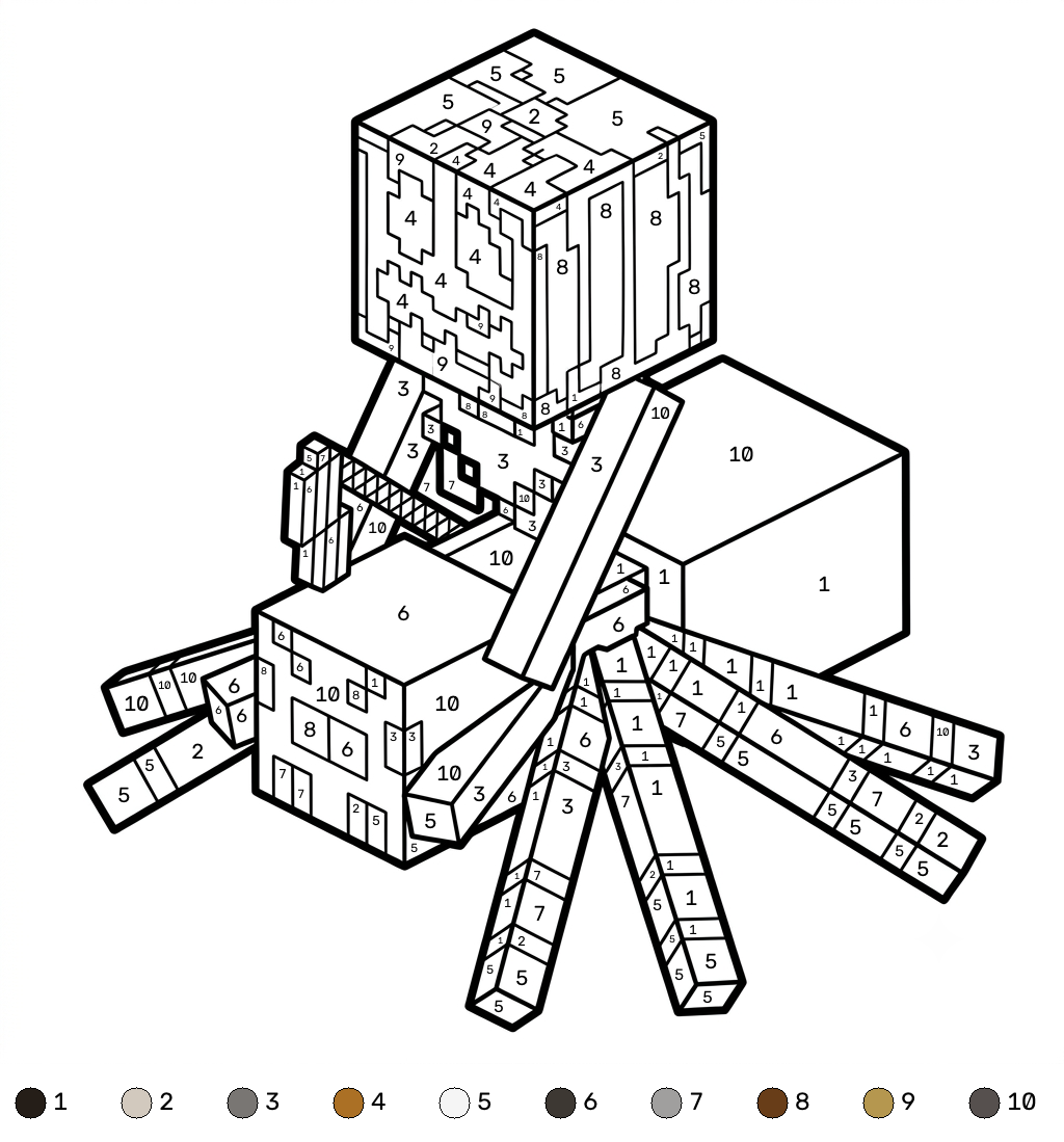 páginas para colorear detalladas de Spider Jockey Minecraft coloring by numbers