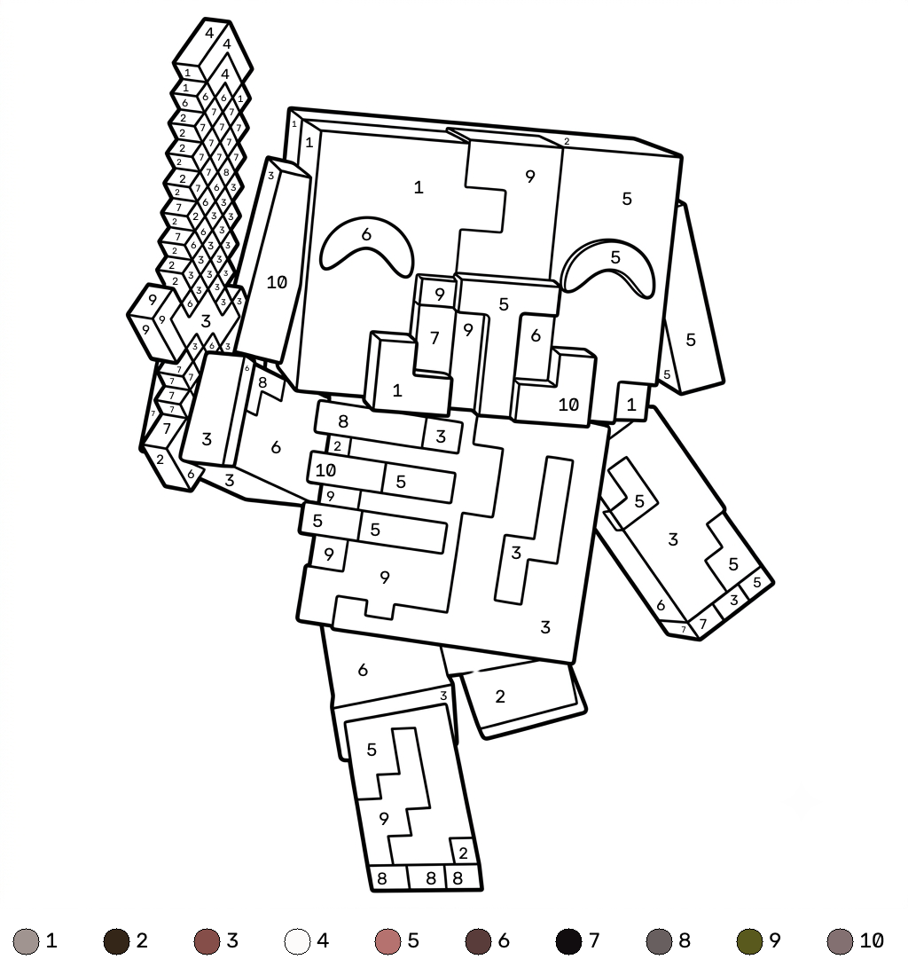 páginas para colorear imprimibles Zombified Piglin Minecraft coloring by numbers para adultos