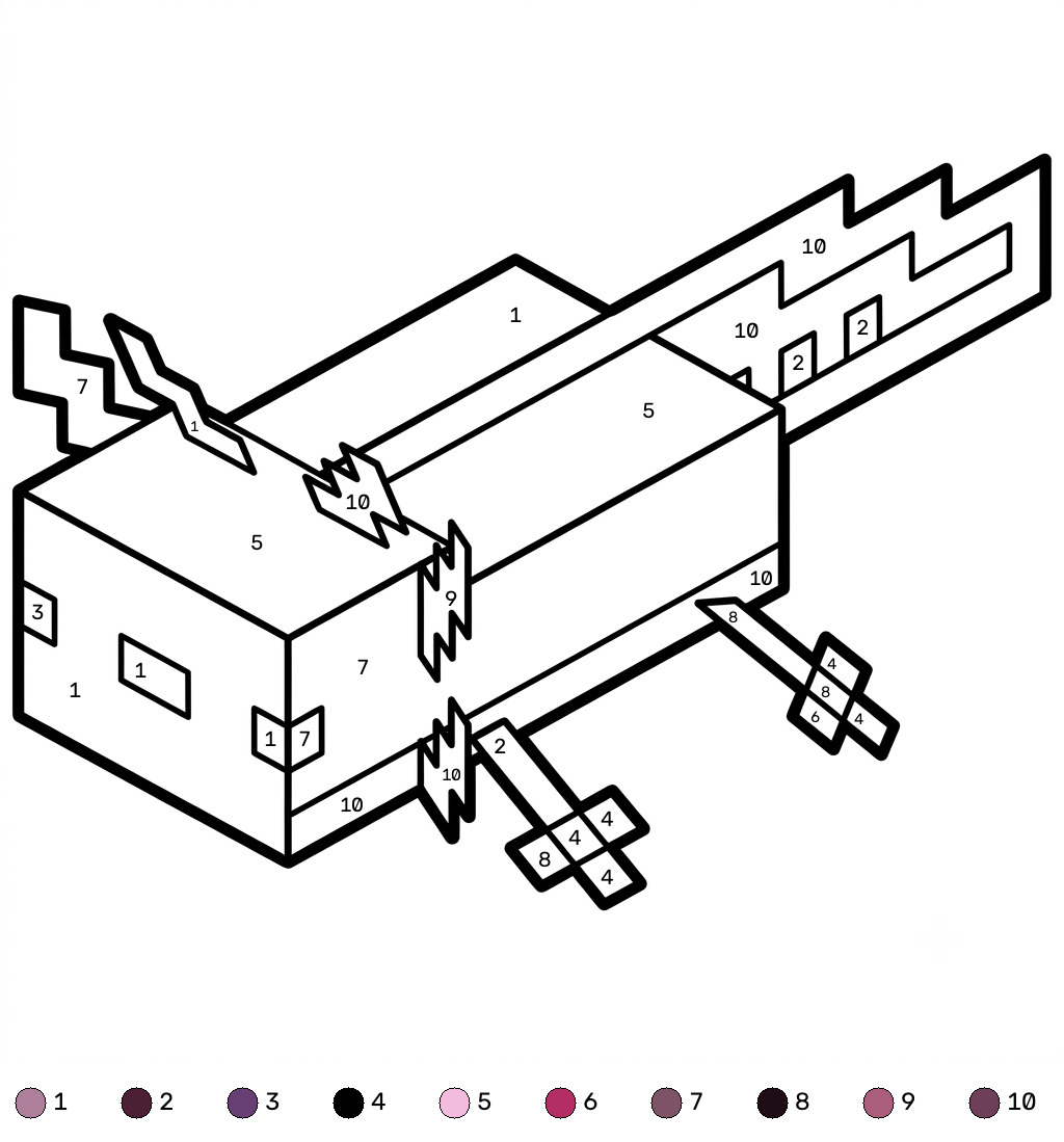 Axolotl Minecraft 12 páginas para colorear imprimibles gratis Axolotl Minecraft coloring by numbers