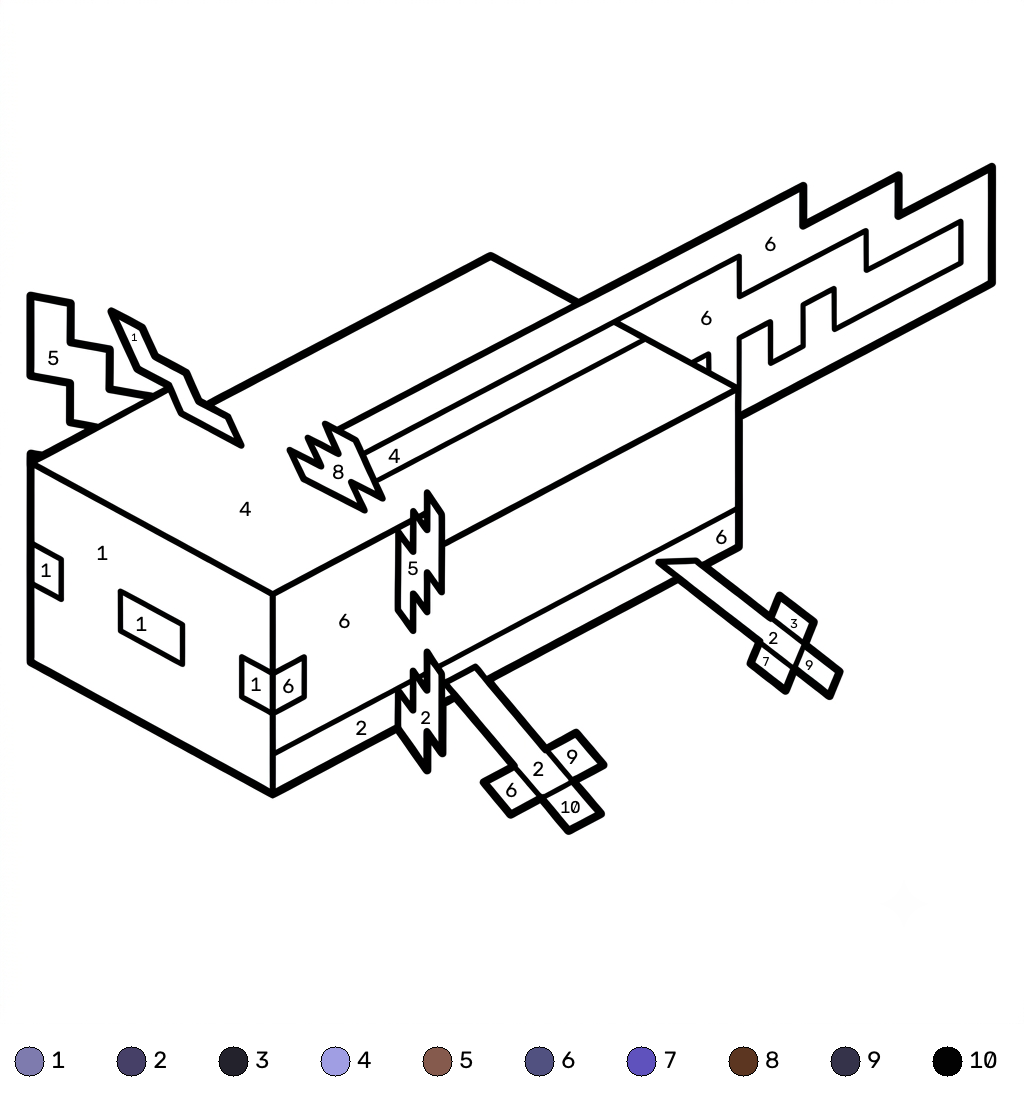 Axolotl Minecraft 20 Axolotl Minecraft coloring by numbers páginas para colorear para niños