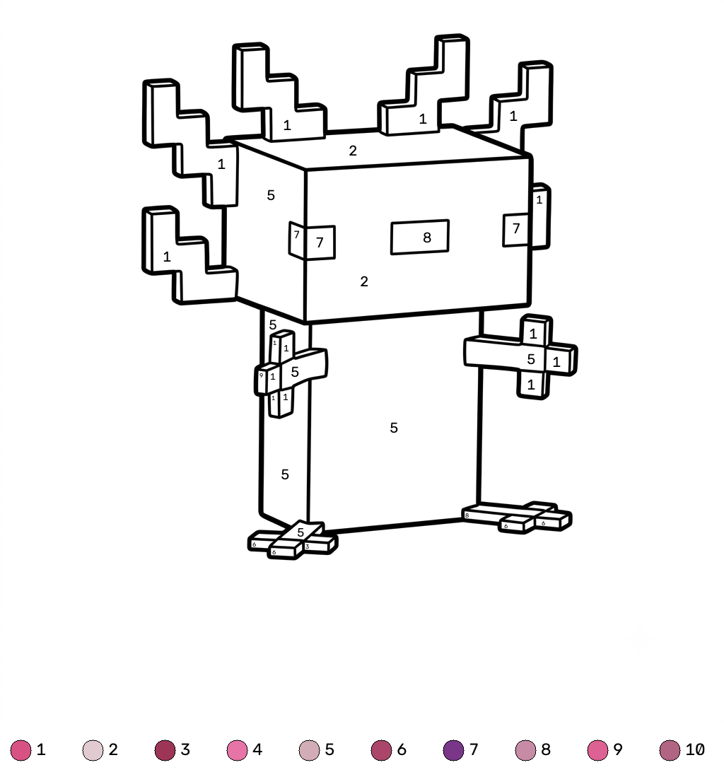 Axolotl Minecraft 19 páginas para colorear lindas y fáciles de Axolotl Minecraft coloring by numbers