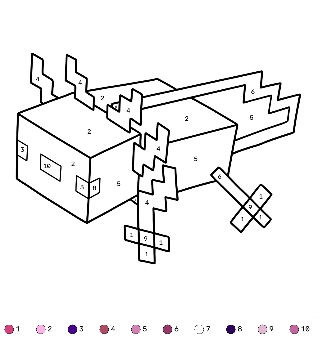 Axolotl Minecraft 15 páginas para colorear para Axolotl Minecraft coloring by numbers