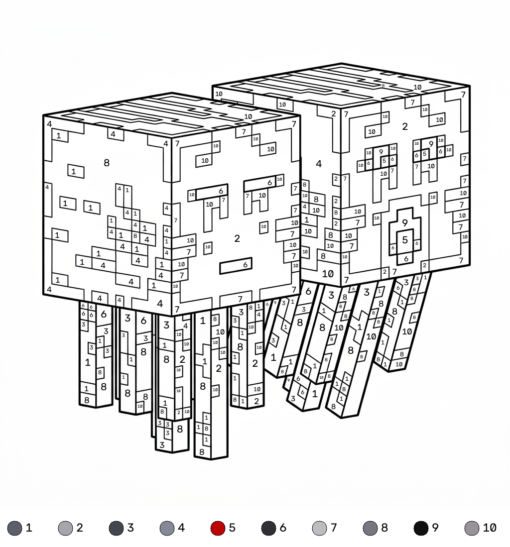 Ghast Minecraft coloring by numbers páginas para colorear