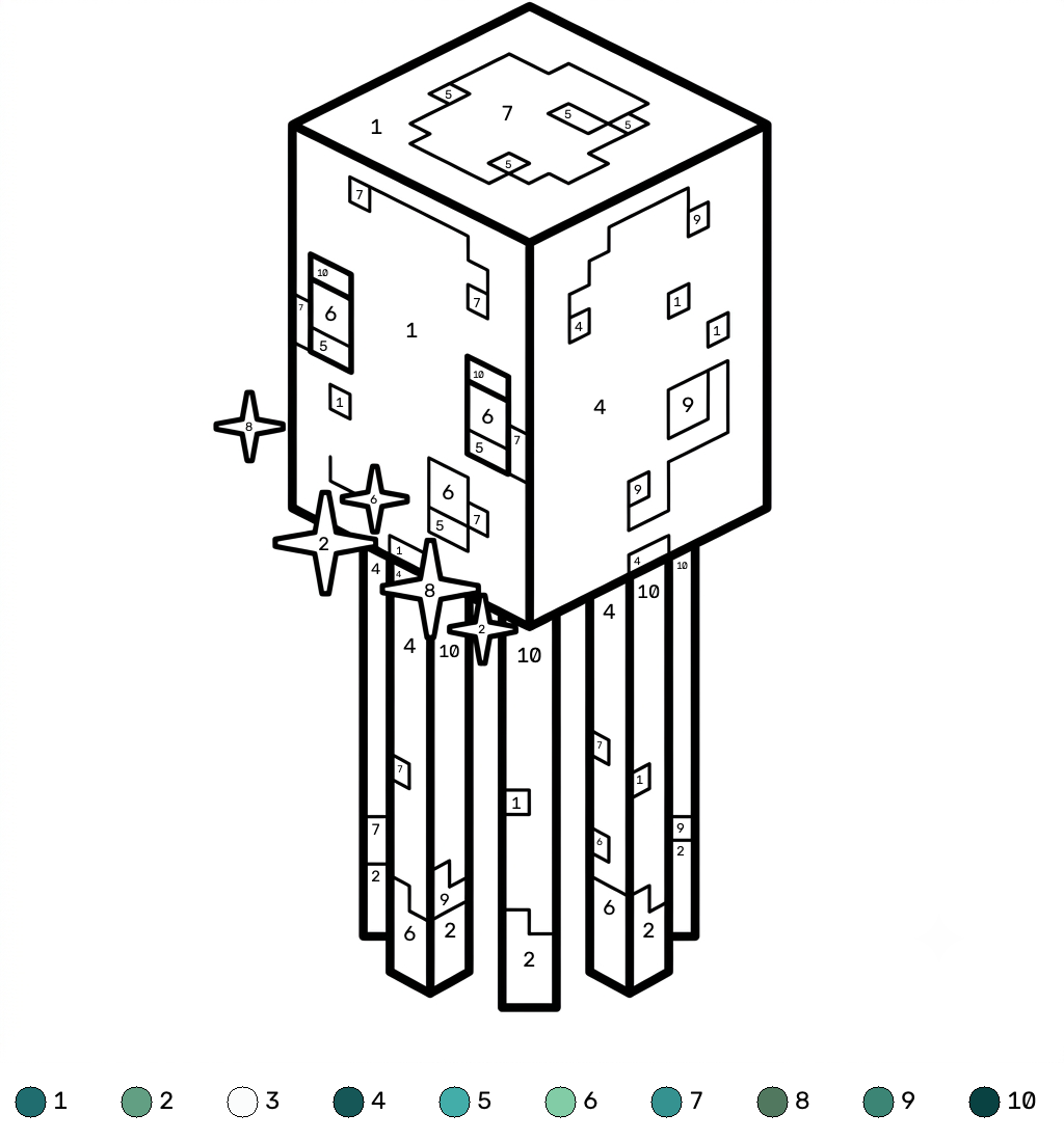 Glow Squid Minecraft 12 páginas para colorear para niños Glow Squid Minecraft coloring by numbers