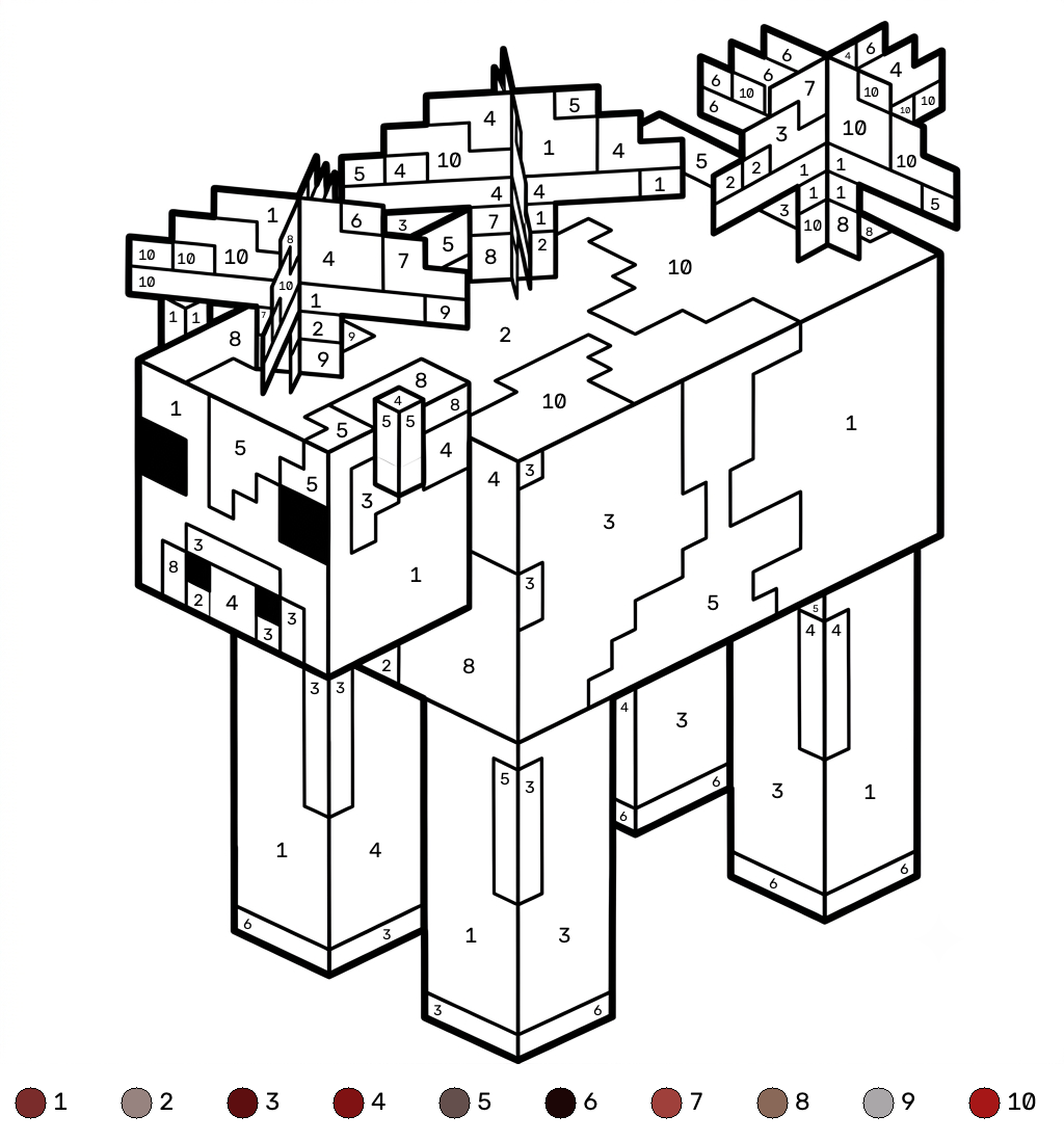 Mooshroom Minecraft coloring by numbers páginas para colorear fáciles