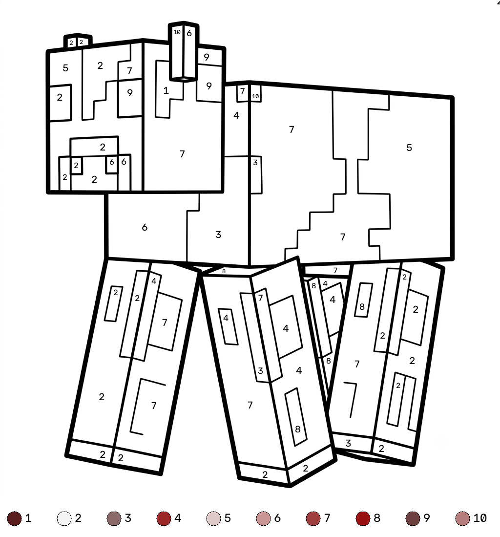 Mooshroom Minecraft coloring by numbers páginas para colorear fáciles 1