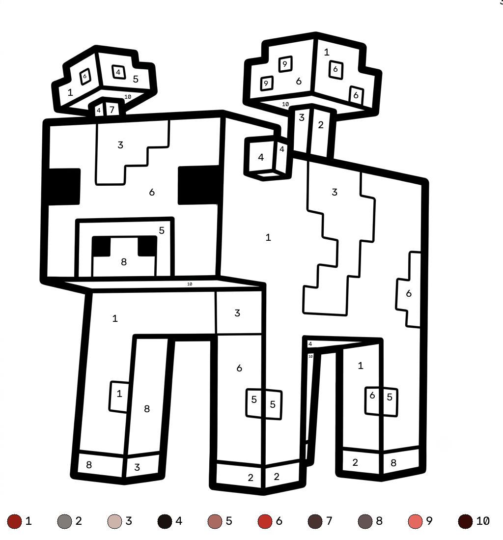 páginas para colorear Mooshroom Minecraft coloring by numbers imprimibles gratis