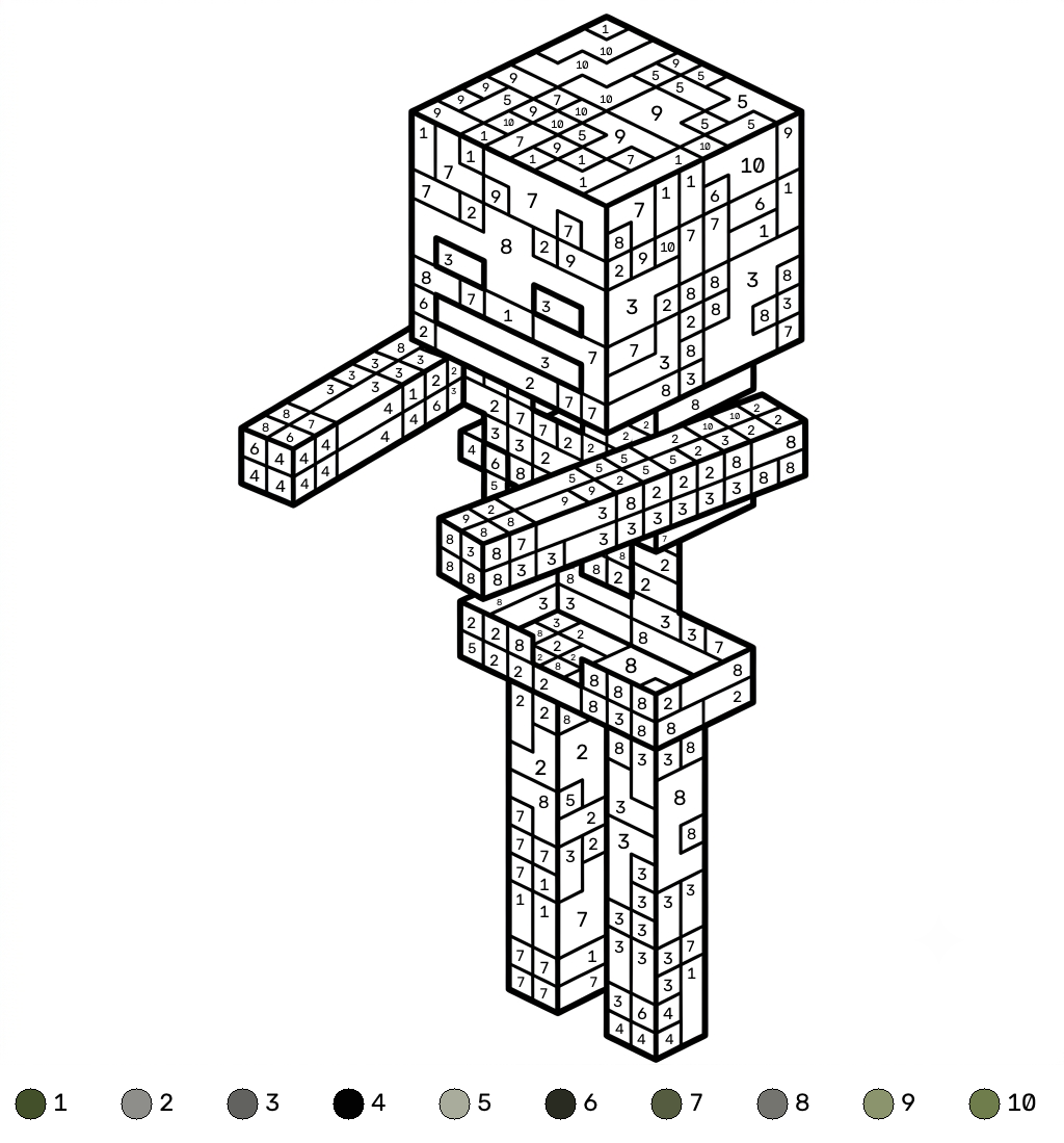 páginas para colorear gratis para adultos Mossy Skeleton Minecraft coloring by numbers