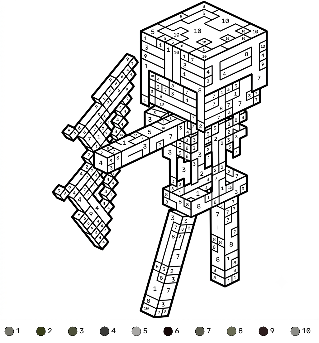 páginas para colorear imprimibles gratis Mossy Skeleton Minecraft coloring by numbers