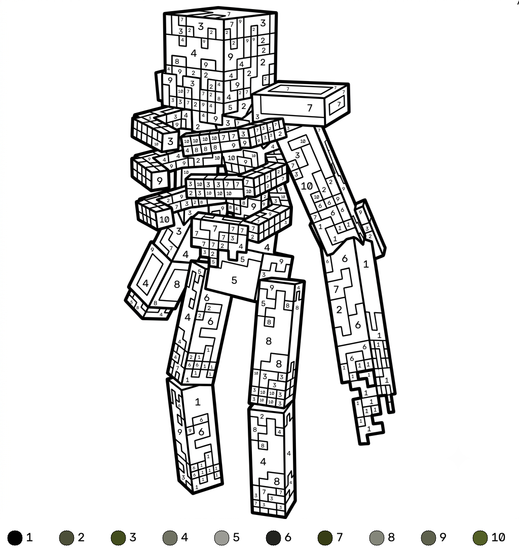 Mossy Skeleton Minecraft coloring by numbers páginas para colorear imprimibles