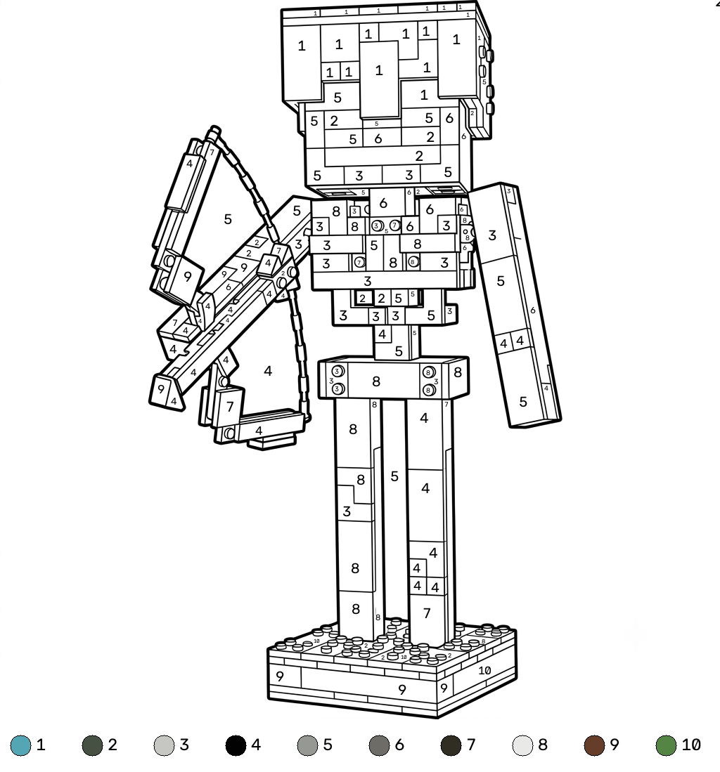 Mossy Skeleton Minecraft coloring by numbers páginas para colorear para adultos pdf