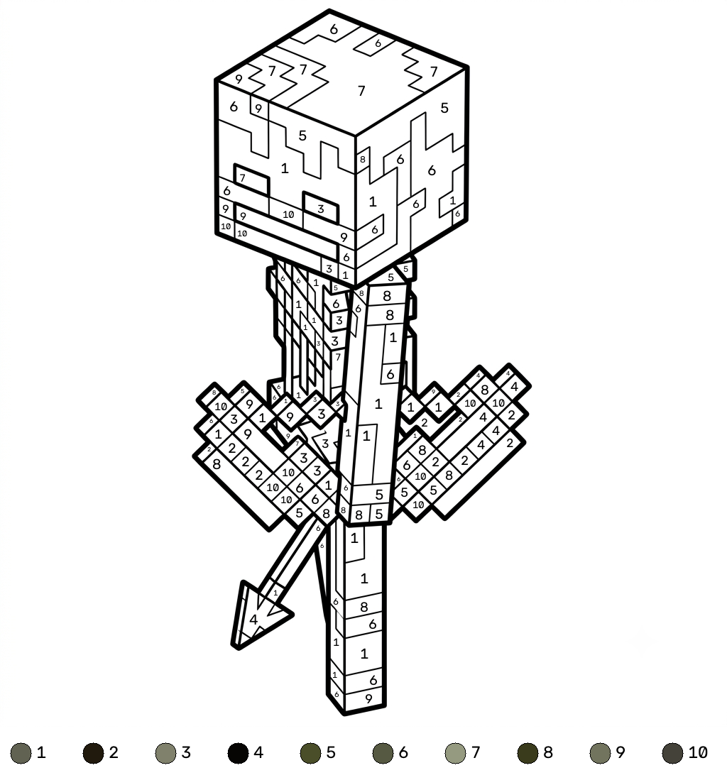 páginas para colorear Mossy Skeleton Minecraft coloring by numbers imprimibles