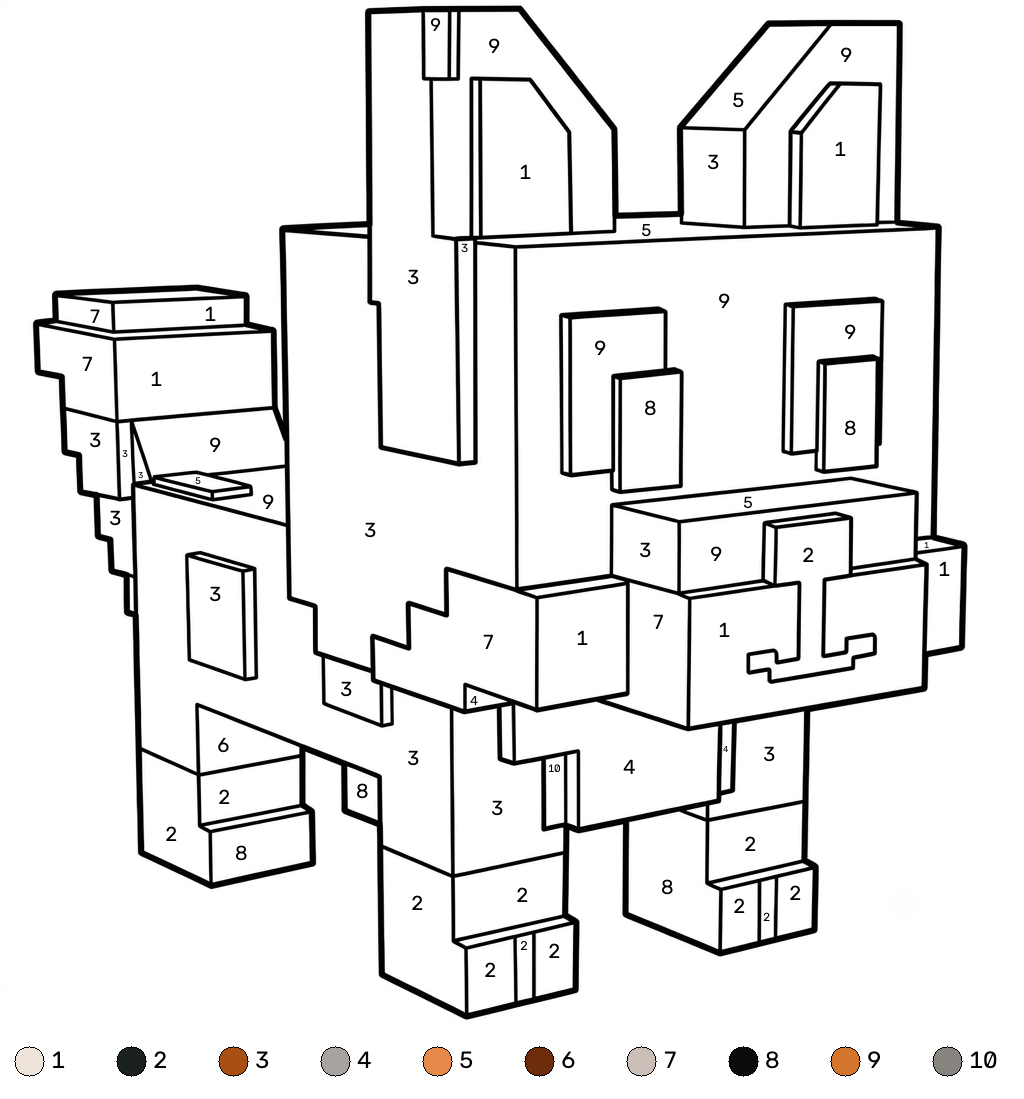 Red Fox Minecraft coloring by numbers páginas para colorear para adultos fáciles