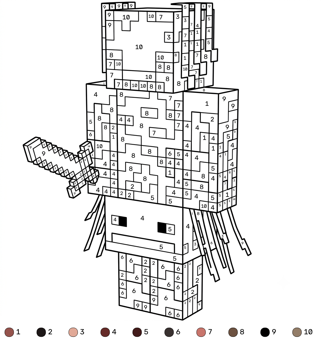 Strider Minecraft 13 páginas para colorear imprimibles gratis Strider Minecraft coloring by numbers