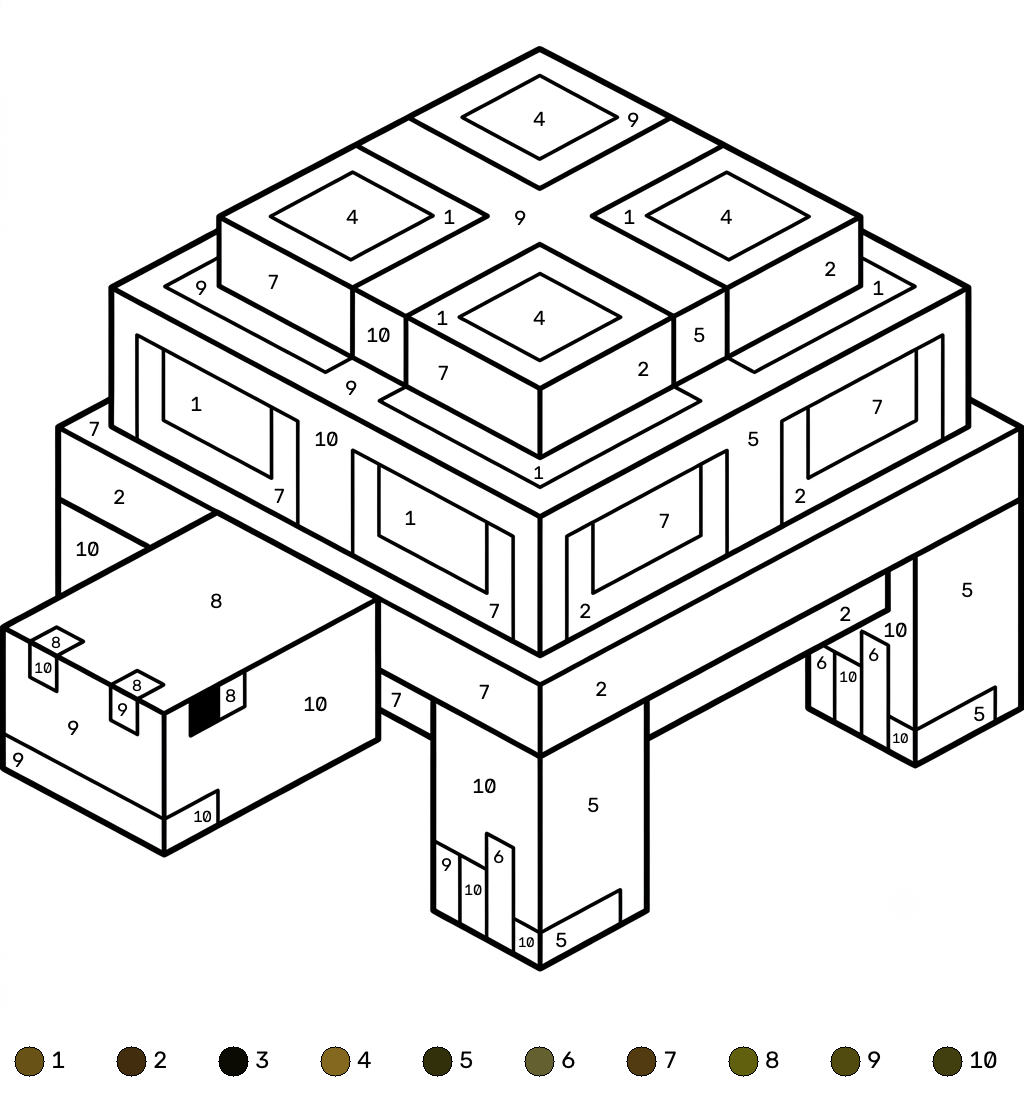 Turtle Minecraft 20 páginas para colorear imprimibles gratis Turtle Minecraft coloring by numbers